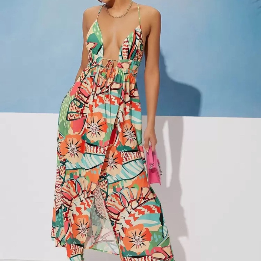 SHEIN Tropical Print Knot Front Lace Up Backless Wrap Hem Slip Dress